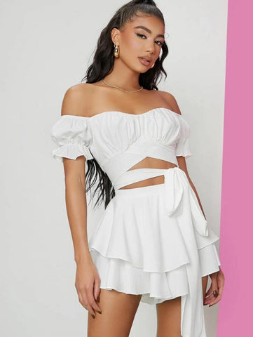 Tie Front Off Shoulder Top & Layered Hem Shorts