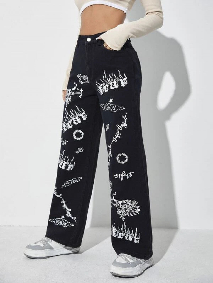 High Waist Letter & Fire Pattern Wide Leg Jeans