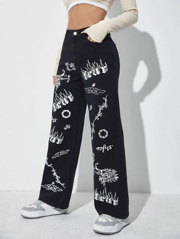 High Waist Letter & Fire Pattern Wide Leg Jeans