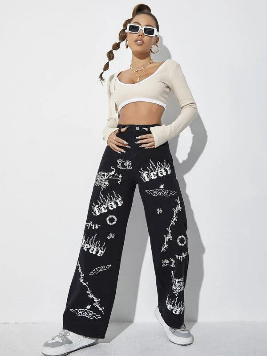 High Waist Letter & Fire Pattern Wide Leg Jeans