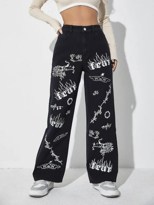 High Waist Letter & Fire Pattern Wide Leg Jeans