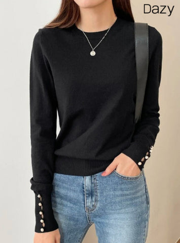 DAZY Button Cuff Round Neck Sweater