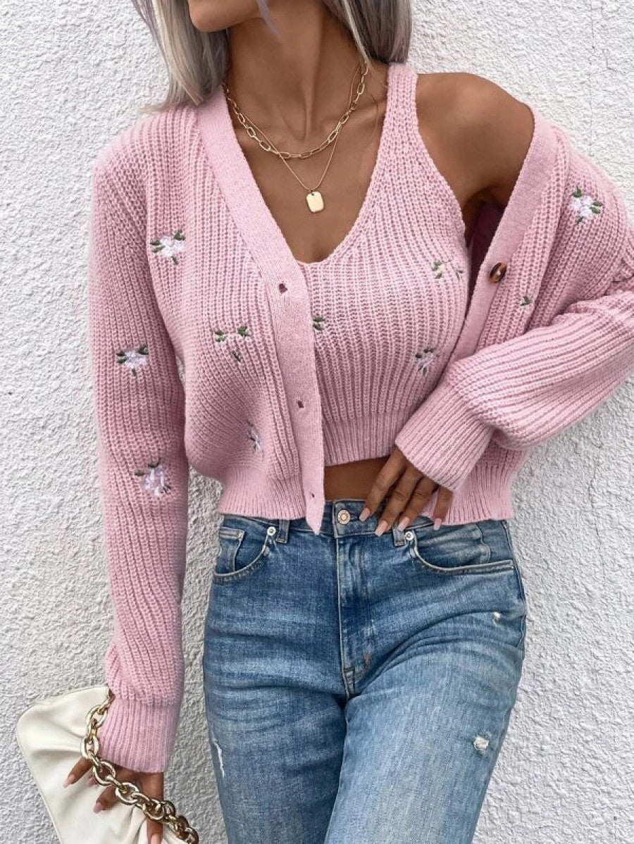 Floral Embroidery Cardigan & Knit Top