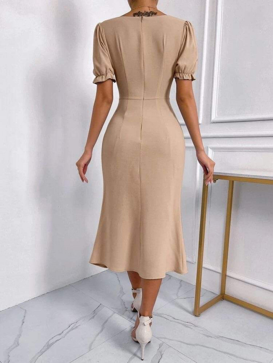 Sweetheart Neck Puff Sleeve Ruched Split Thigh Dress