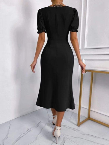 Sweetheart Neck Puff Sleeve Ruched Split Thigh Dress