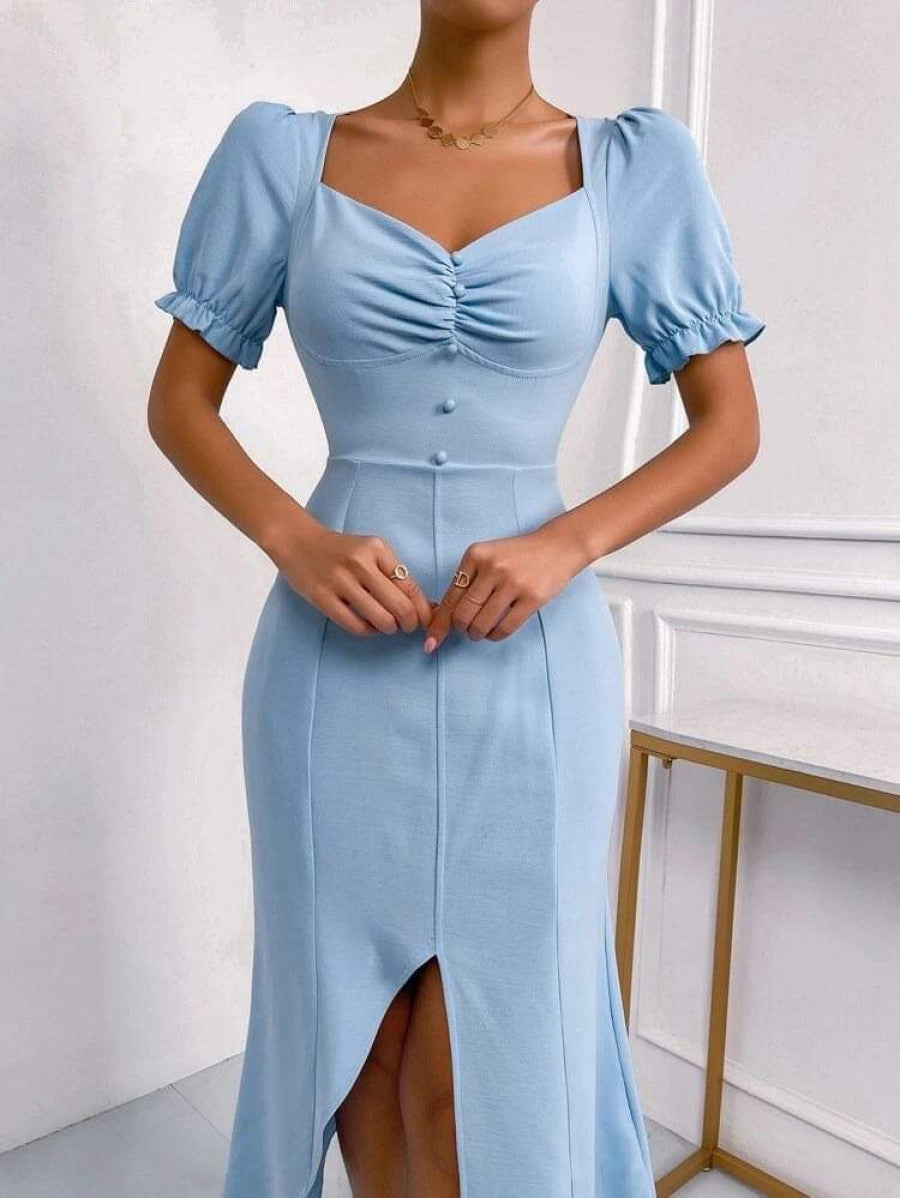 Sweetheart Neck Puff Sleeve Ruched Split Thigh Dress