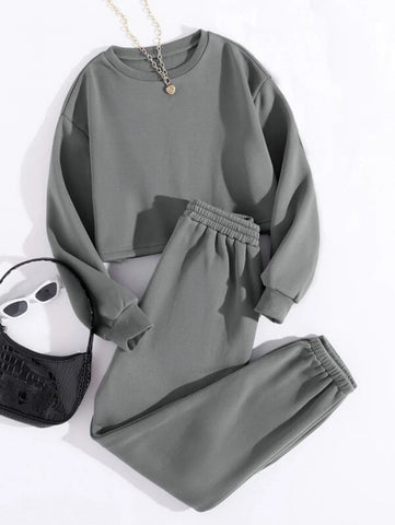 Thermal Lined Solid Sweatshirt With Sweatpants