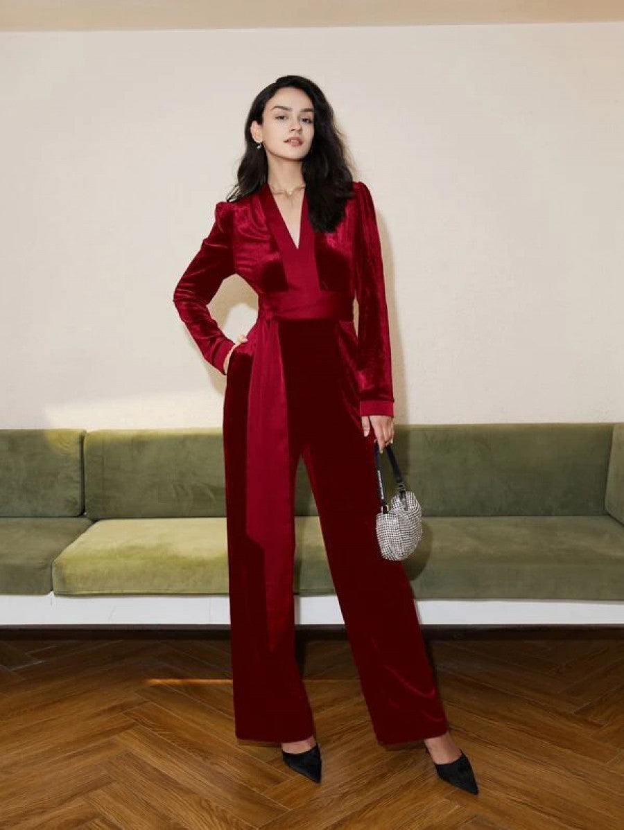 V Neck Belted Velvet Jumpsuit