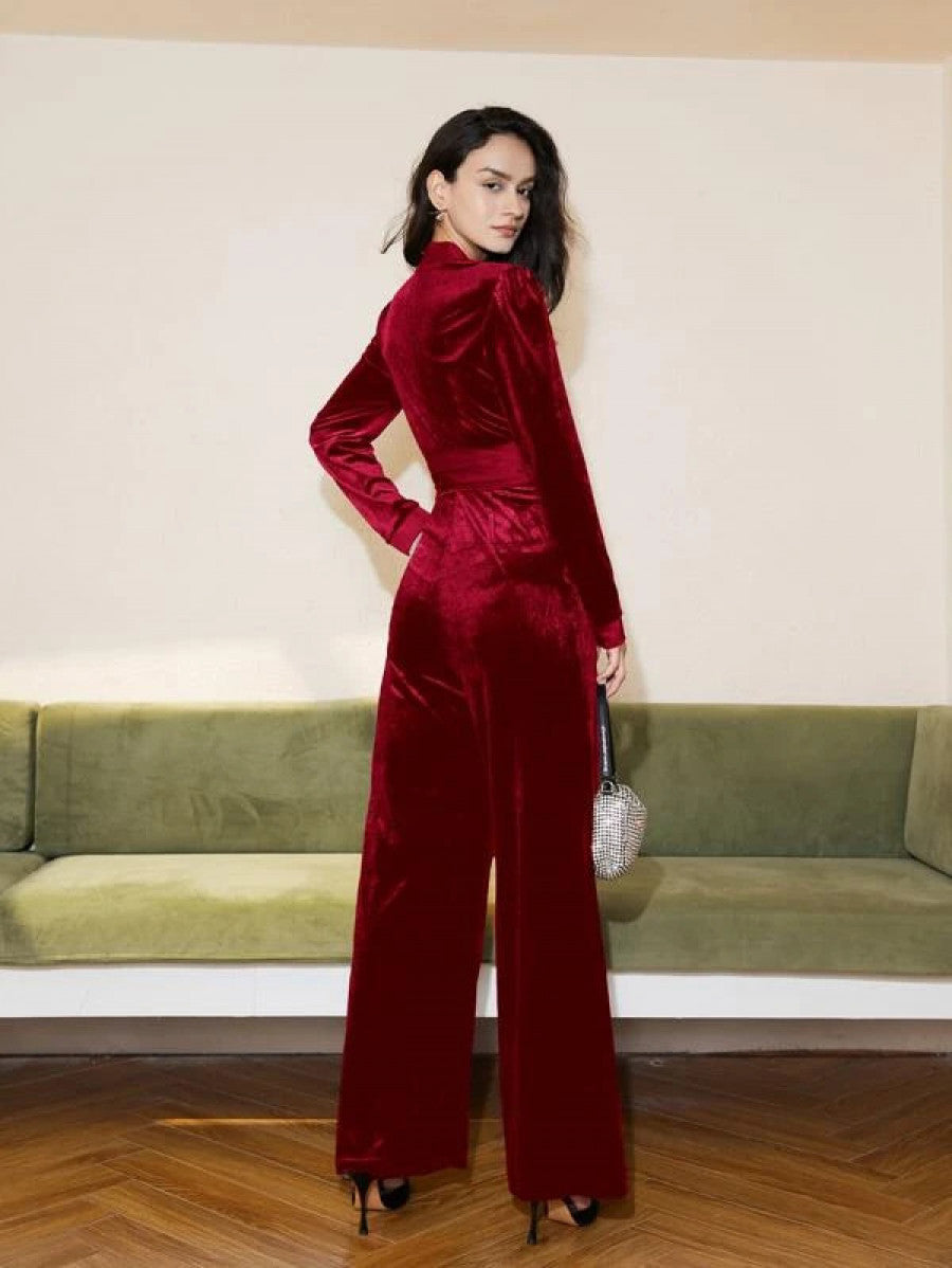 V Neck Belted Velvet Jumpsuit