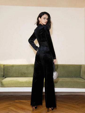 V Neck Belted Velvet Jumpsuit