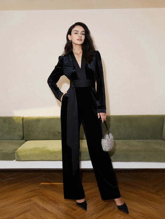 V Neck Belted Velvet Jumpsuit