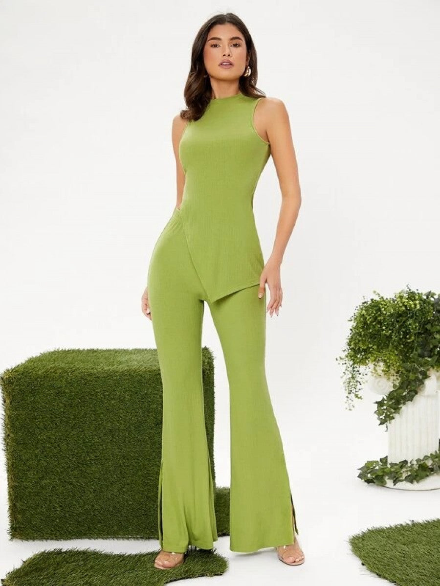 Mock Neck Slit Hem Tank Top And Pants Set