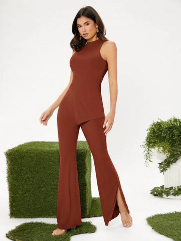 Mock Neck Slit Hem Tank Top And Pants Set