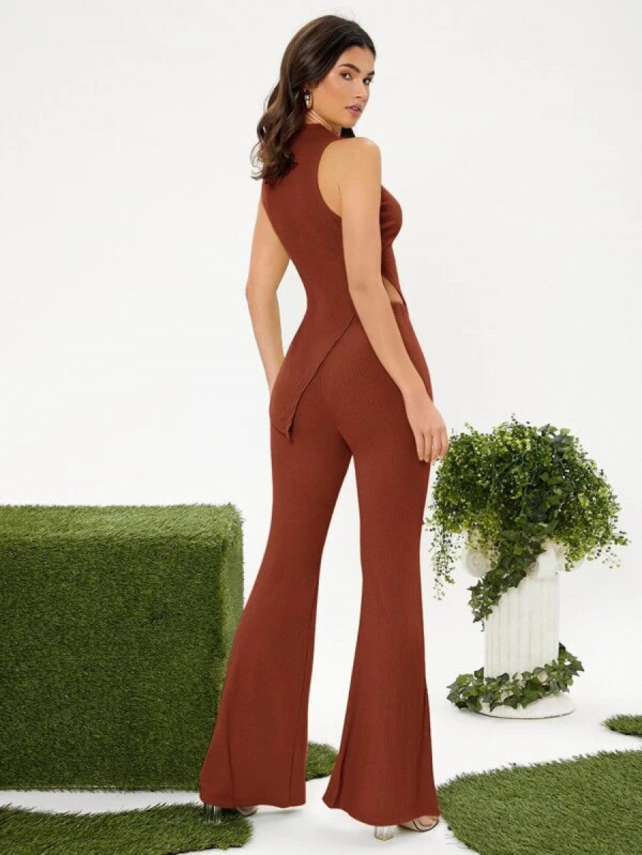 Mock Neck Slit Hem Tank Top And Pants Set