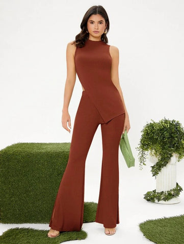 Mock Neck Slit Hem Tank Top And Pants Set