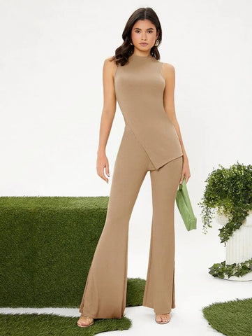 Mock Neck Slit Hem Tank Top And Pants Set