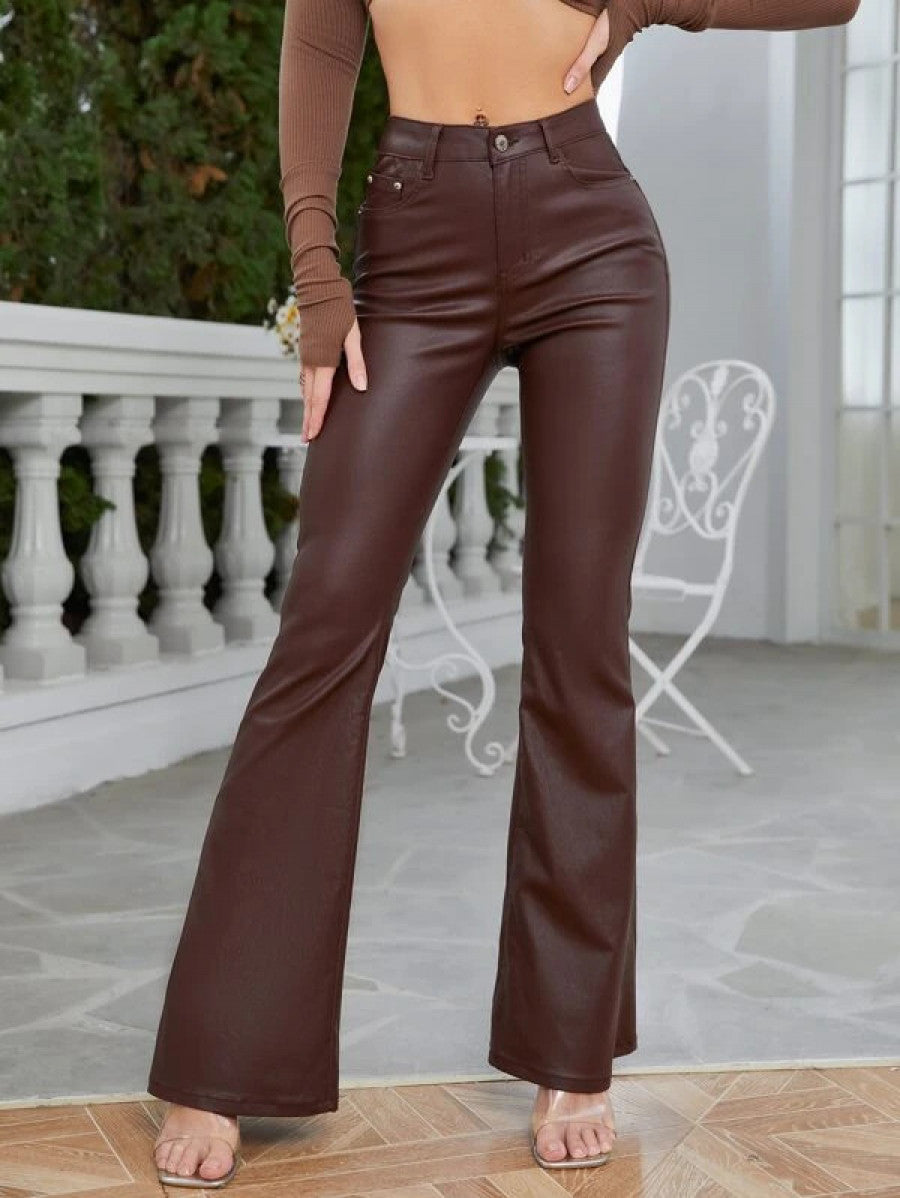 Tall Leather Look Zipper Fly Flare Leg Jeans