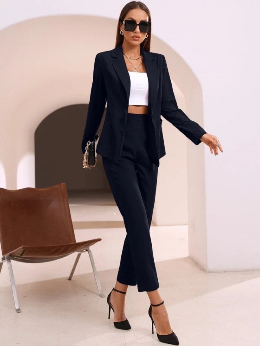 Solid Lapel Collar Blazer & Tailored Pants