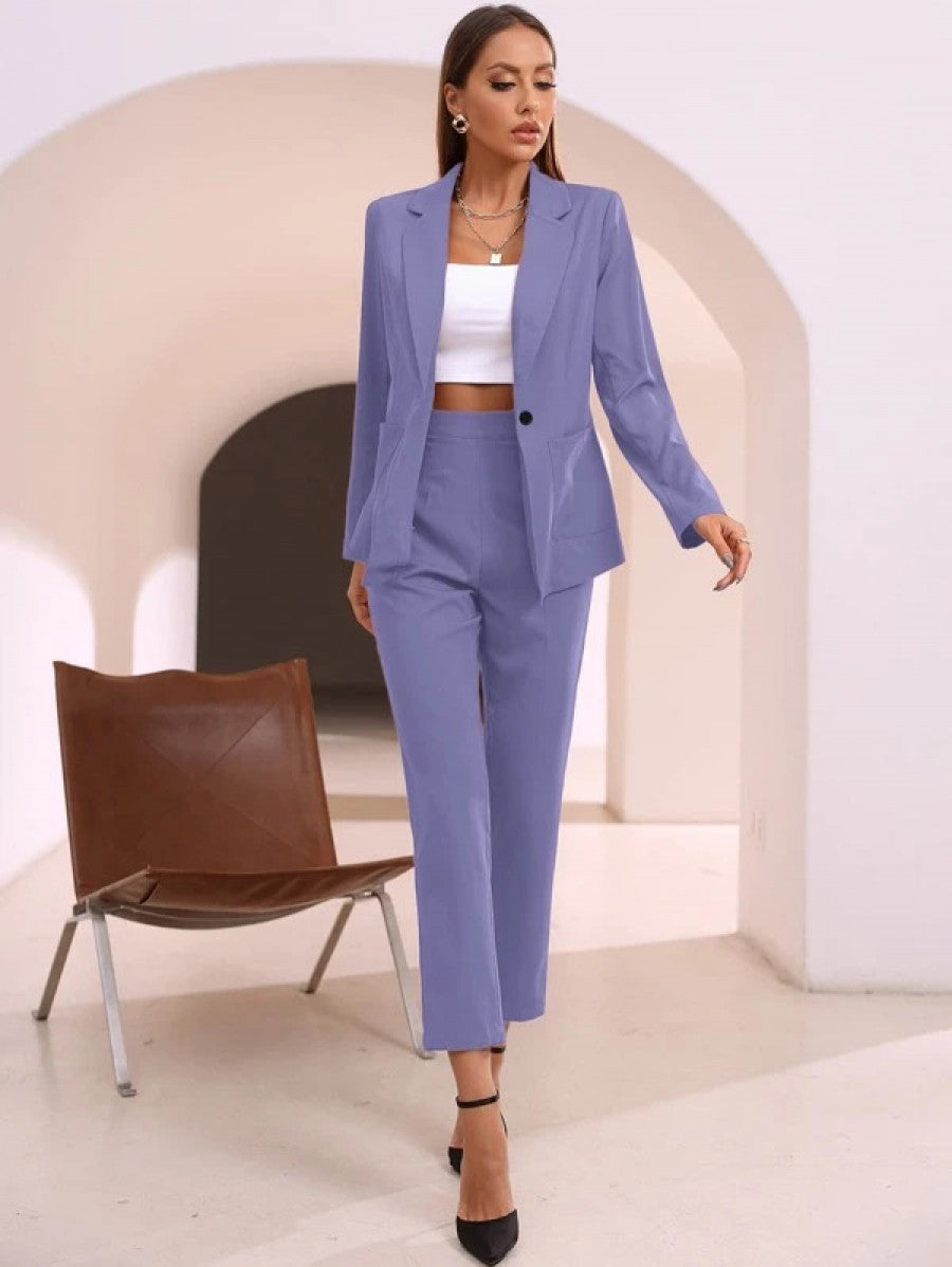 Solid Lapel Collar Blazer & Tailored Pants