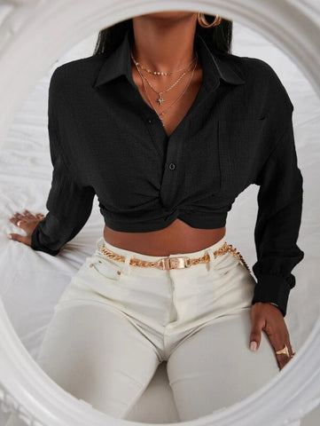 Patched Pocket Twist Front Crop Blouse