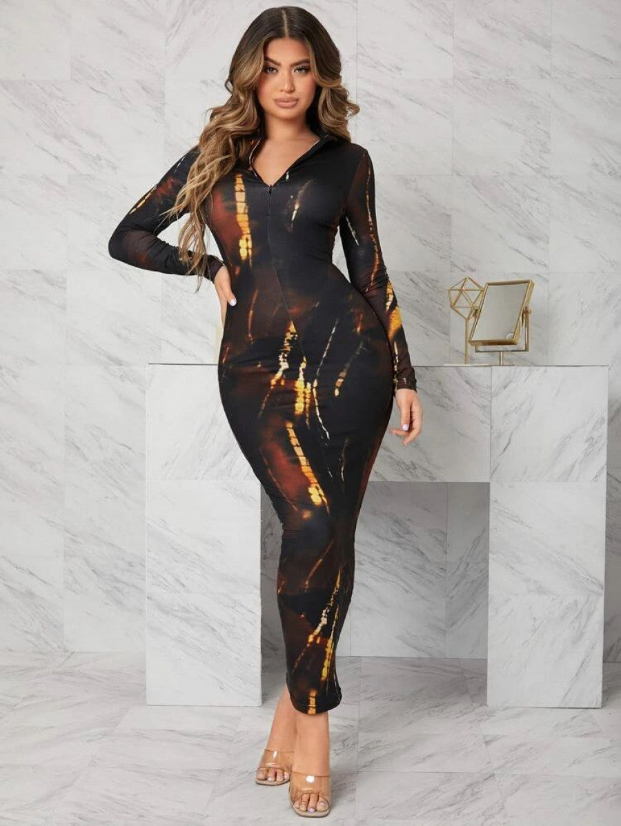 Zip Half Placket Tie Dye Bodycon Dress