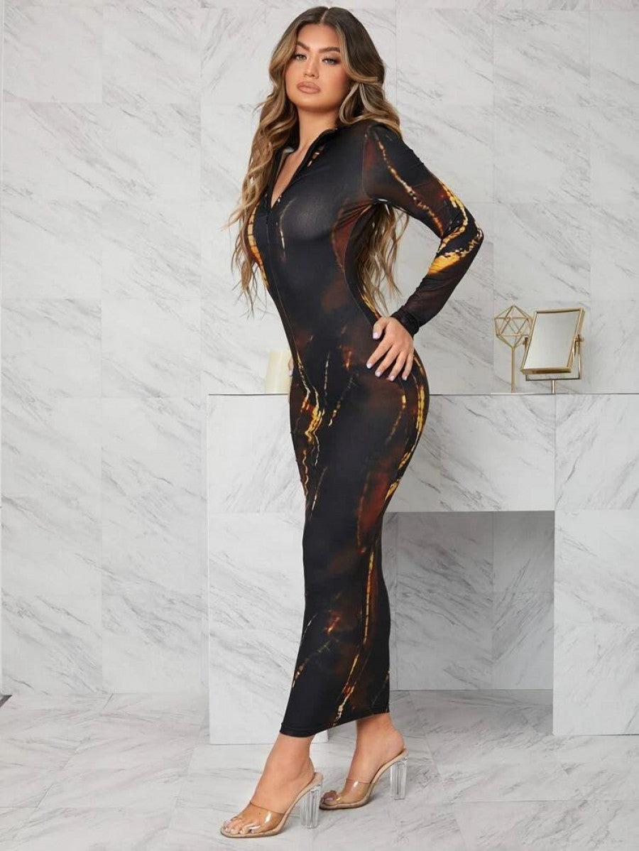 Zip Half Placket Tie Dye Bodycon Dress