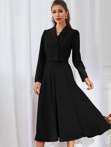 Solid Double Breasted Shawl Collar Blazer & Skirt