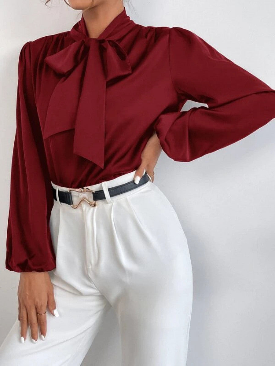 Satin Tie Neck Bishop Sleeve Blouse