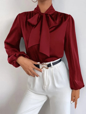 Satin Tie Neck Bishop Sleeve Blouse