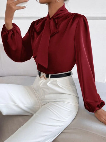 Satin Tie Neck Bishop Sleeve Blouse