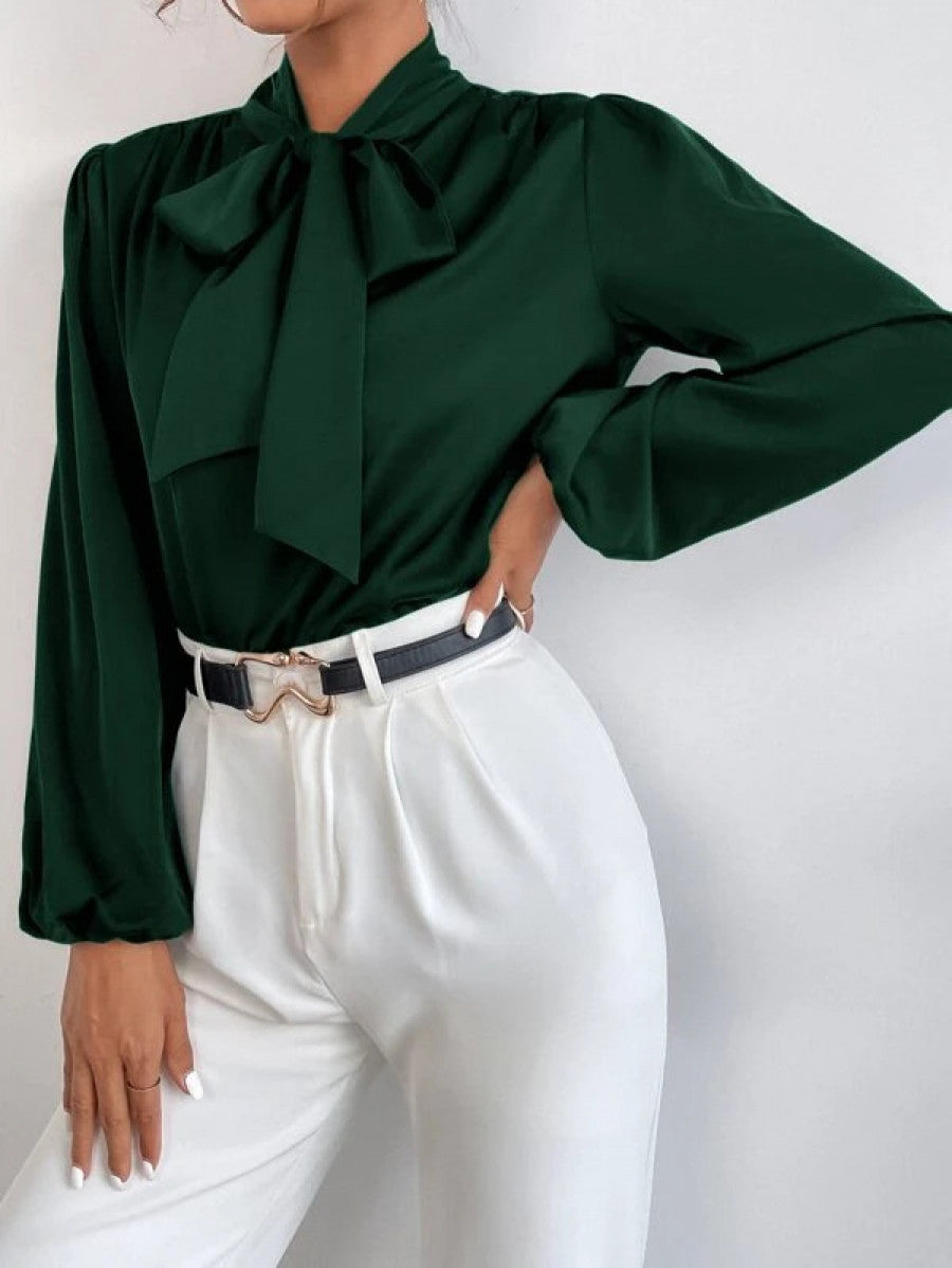 Satin Tie Neck Bishop Sleeve Blouse