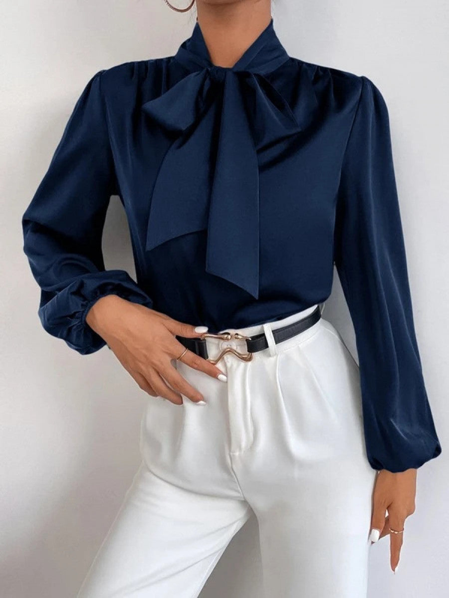 Satin Tie Neck Bishop Sleeve Blouse