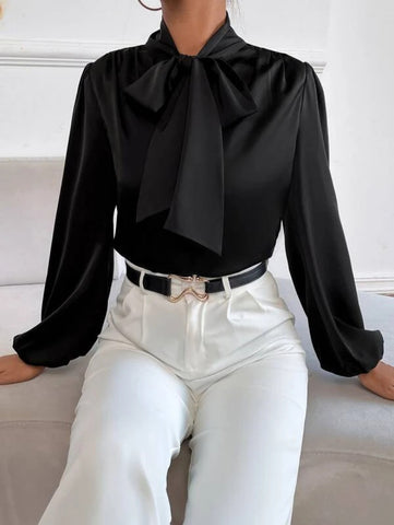 Satin Tie Neck Bishop Sleeve Blouse