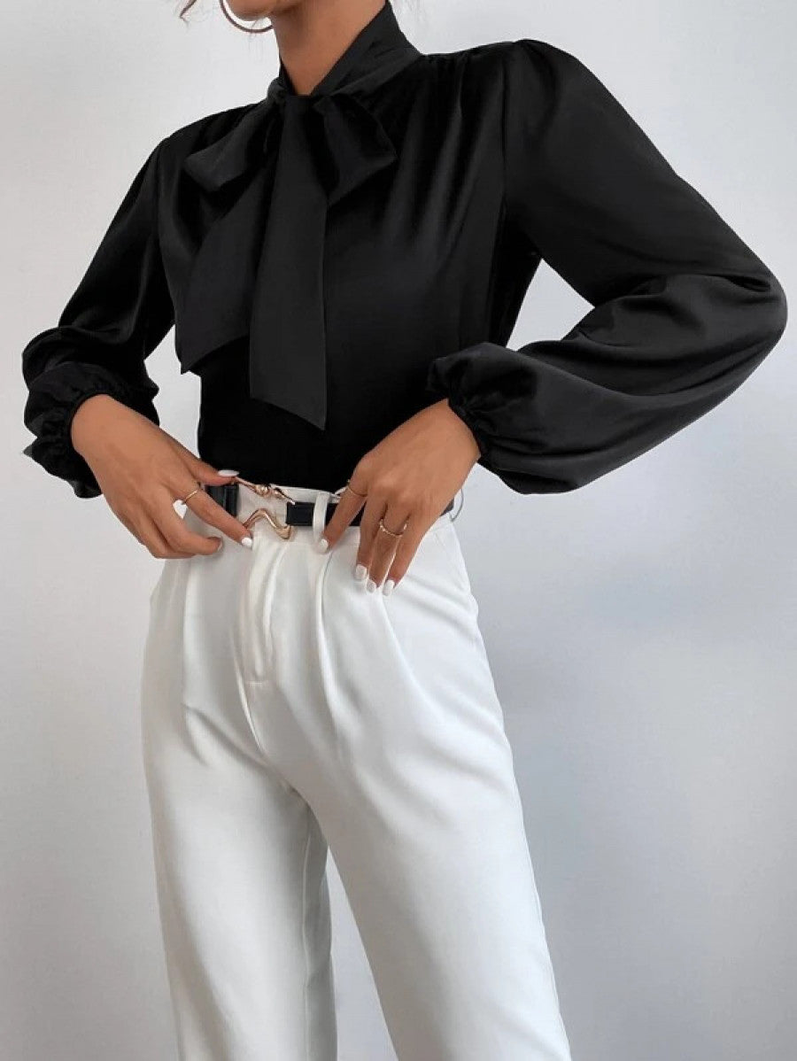 Satin Tie Neck Bishop Sleeve Blouse