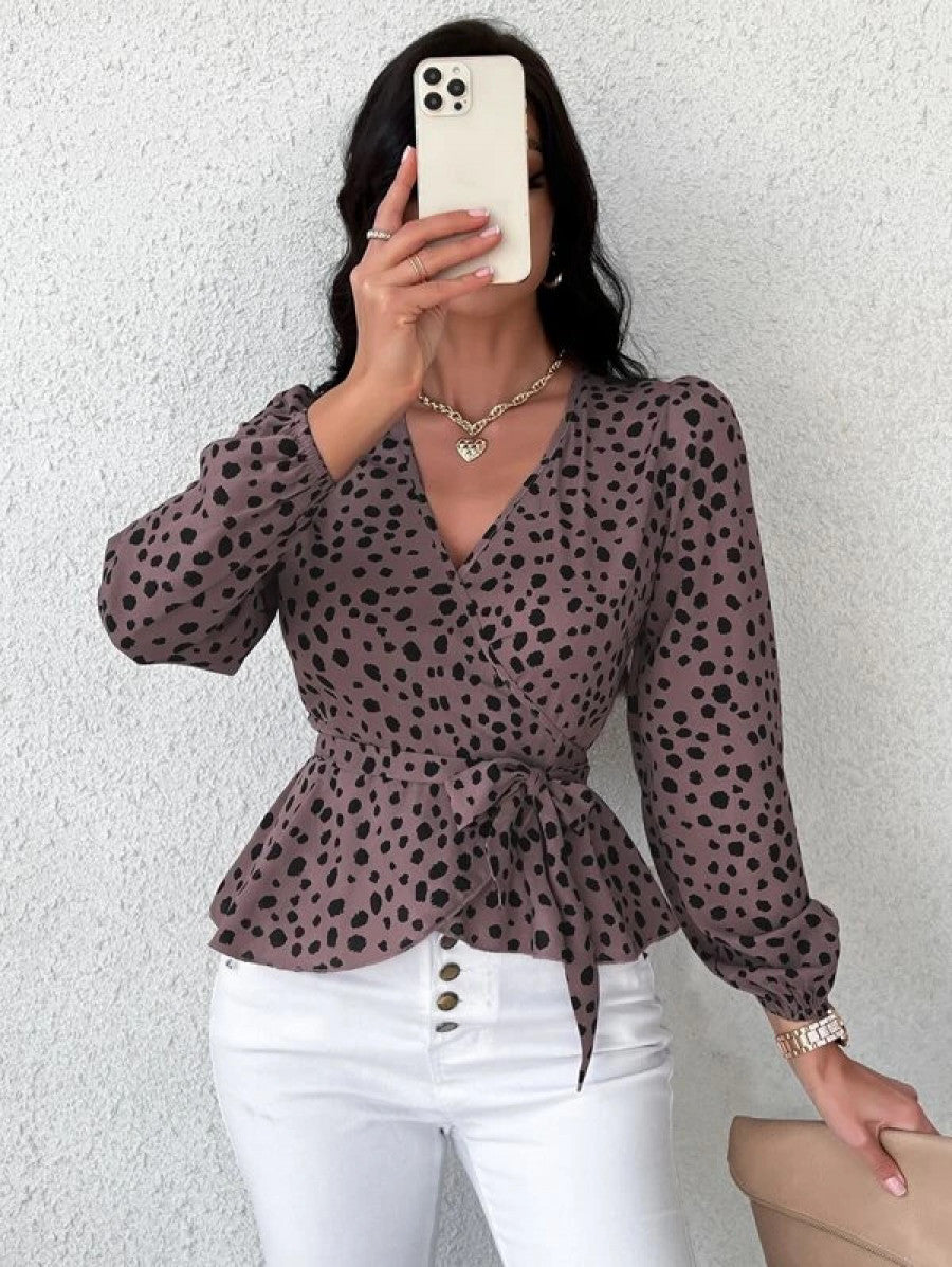 Random Dalmatian Print Lantern Sleeve Belted Blouse