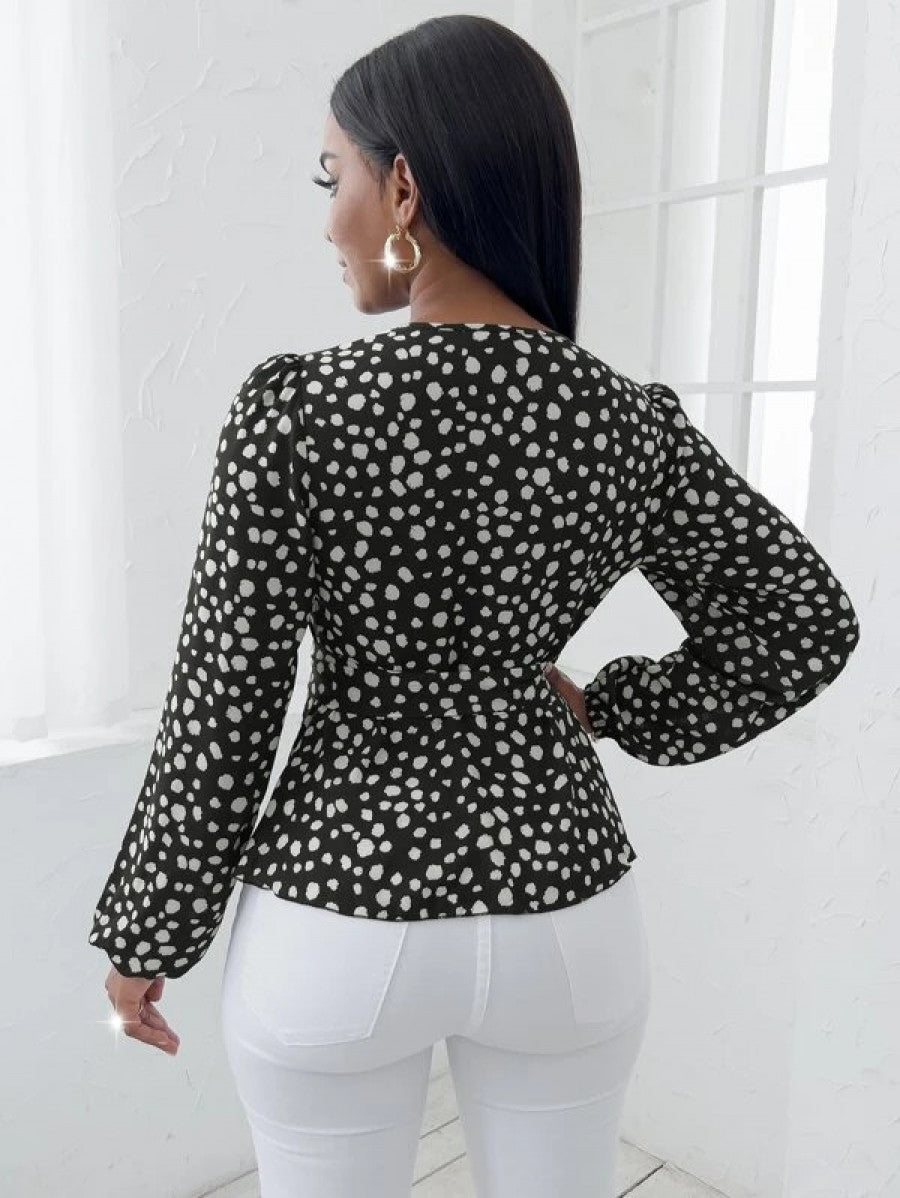 Random Dalmatian Print Lantern Sleeve Belted Blouse