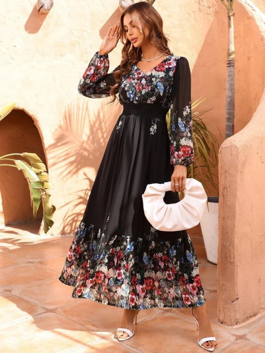 Floral Print Lantern Sleeve Shirred Waist Ruffle Hem Chiffon Dress