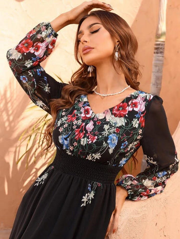 Floral Print Lantern Sleeve Shirred Waist Ruffle Hem Chiffon Dress