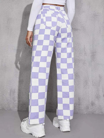 High Waist Checker Print Straight Leg Jeans