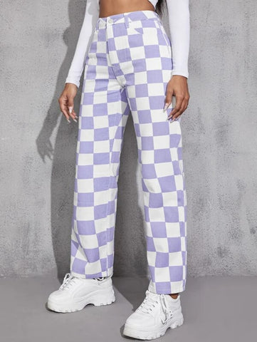 High Waist Checker Print Straight Leg Jeans