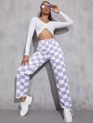 High Waist Checker Print Straight Leg Jeans