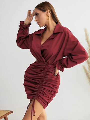 Flounce Sleeve Drawstring Front Ruched Side Dress