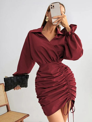 Flounce Sleeve Drawstring Front Ruched Side Dress