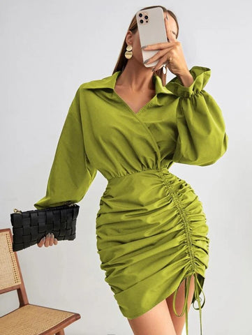 Flounce Sleeve Drawstring Front Ruched Side Dress