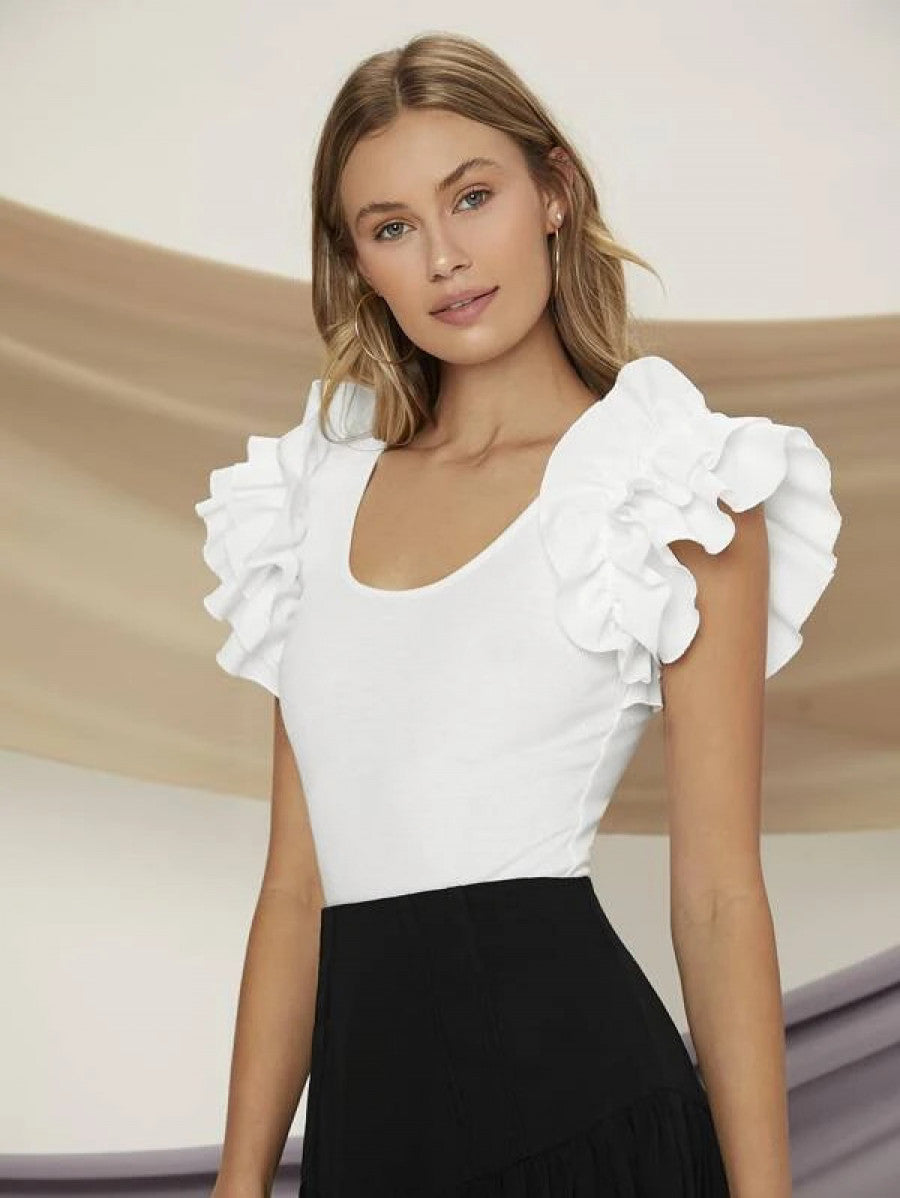 Ruffle Trim Scoop Neck Tee