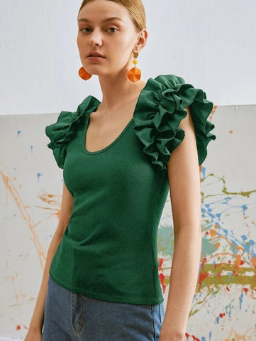 Ruffle Trim Scoop Neck Tee