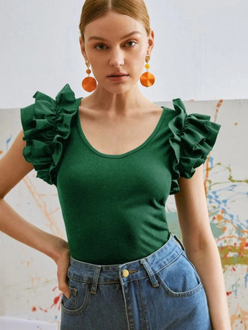 Ruffle Trim Scoop Neck Tee