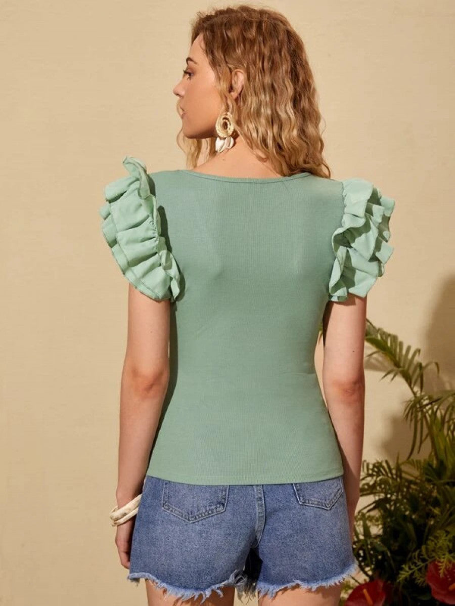 Ruffle Trim Scoop Neck Tee