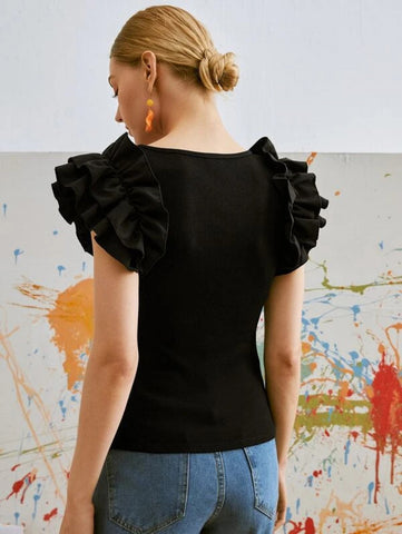 Ruffle Trim Scoop Neck Tee