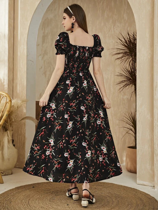 Floral Square Neck Shirred A-line Dress